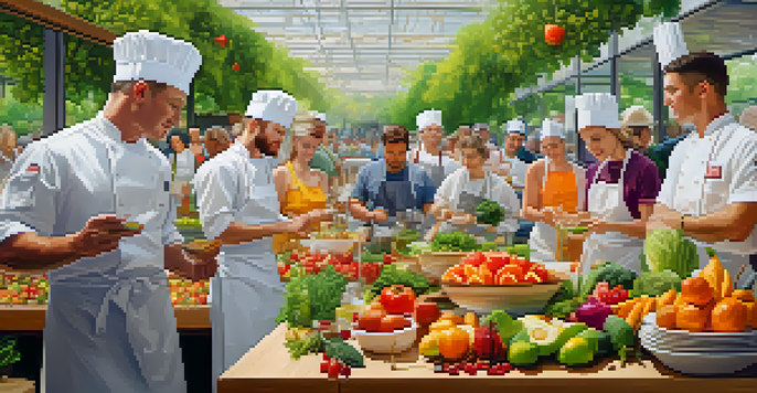 A lively raw food competition with chefs preparing colorful dishes from fresh fruits and vegetables, surrounded by spectators and natural light.