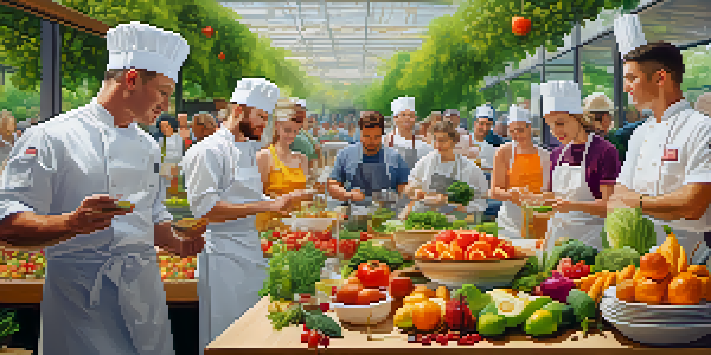 A lively raw food competition with chefs preparing colorful dishes from fresh fruits and vegetables, surrounded by spectators and natural light.