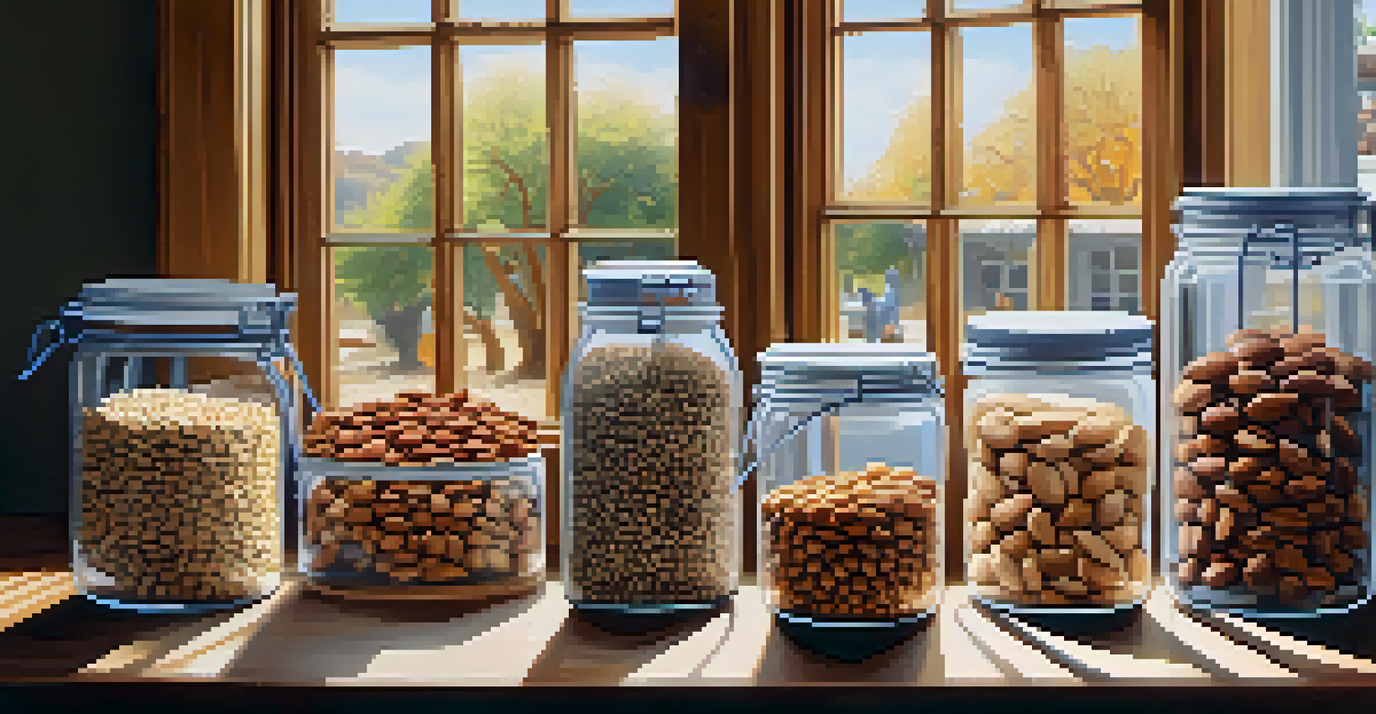 An assortment of nuts and seeds in glass jars on a kitchen countertop, with sunlight filtering in.