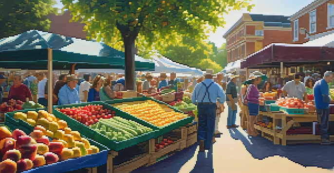 A bustling organic farmer's market with colorful fruits and vegetables under sunlight.