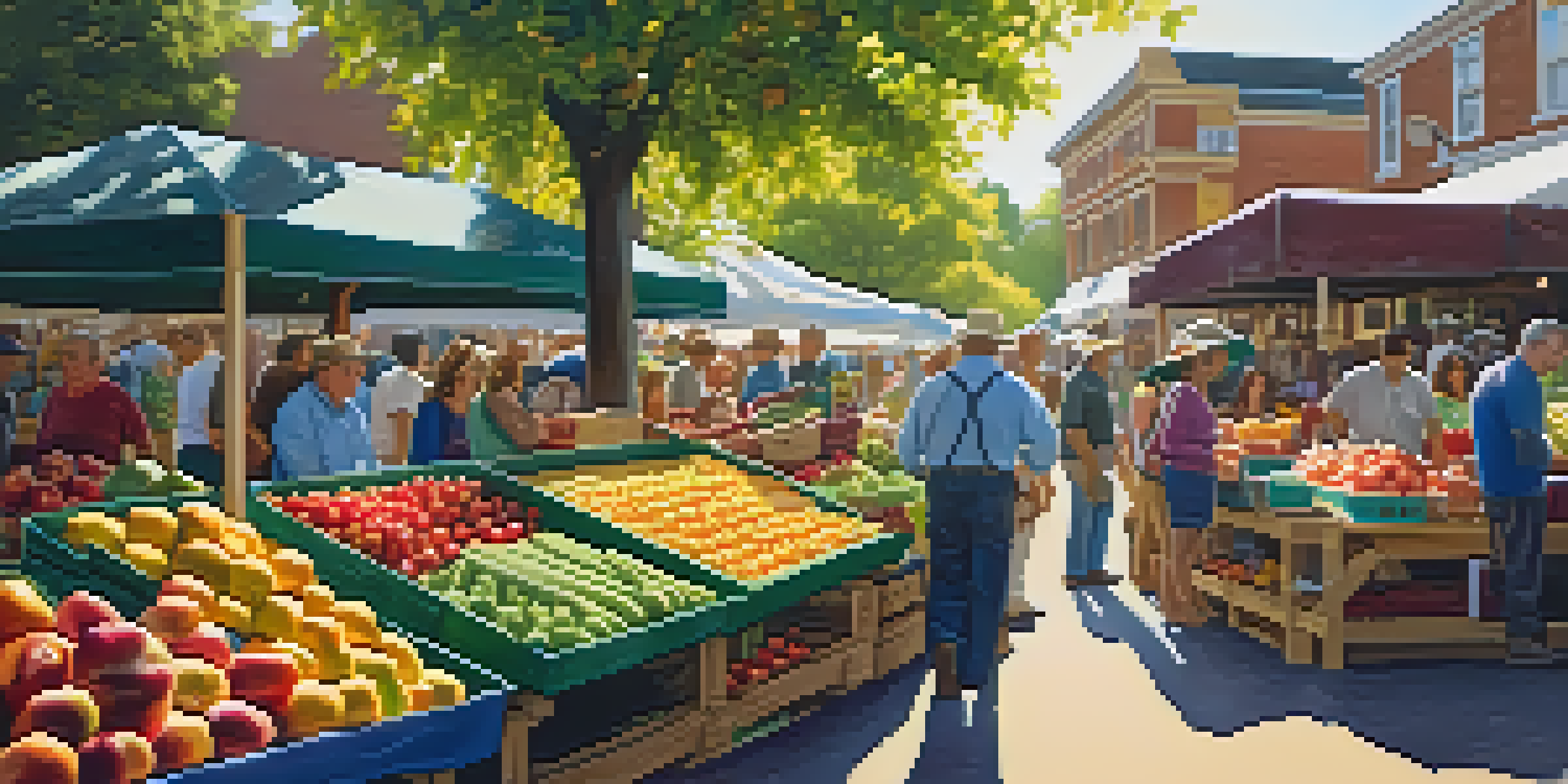 A bustling organic farmer's market with colorful fruits and vegetables under sunlight.