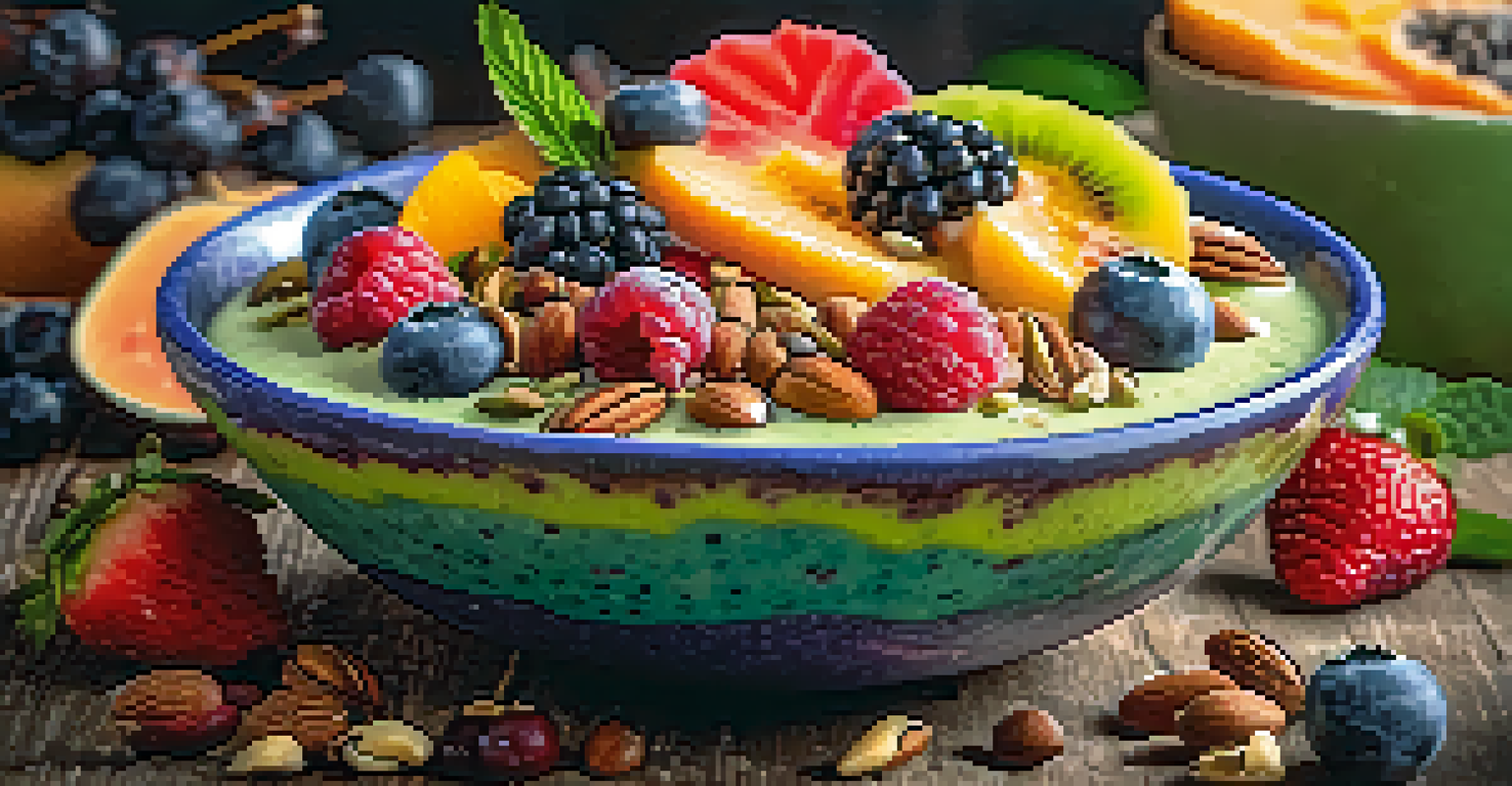 A close-up of a creamy raw vegan smoothie bowl topped with fresh fruits, seeds, and nuts on a rustic wooden table.