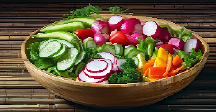 A colorful bowl of Asian salad featuring fresh raw vegetables like bell peppers, cucumbers, and radishes, garnished with sesame seeds.