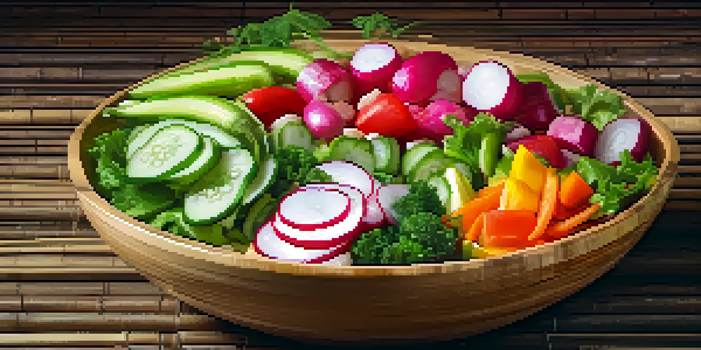 A colorful bowl of Asian salad featuring fresh raw vegetables like bell peppers, cucumbers, and radishes, garnished with sesame seeds.