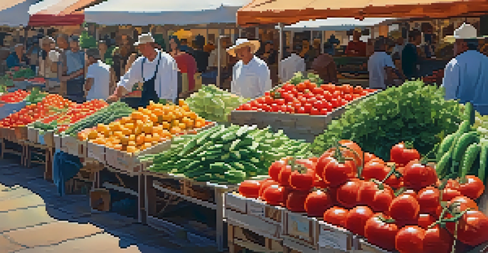 A colorful farmers' market filled with fresh vegetables and fruits under warm sunlight.