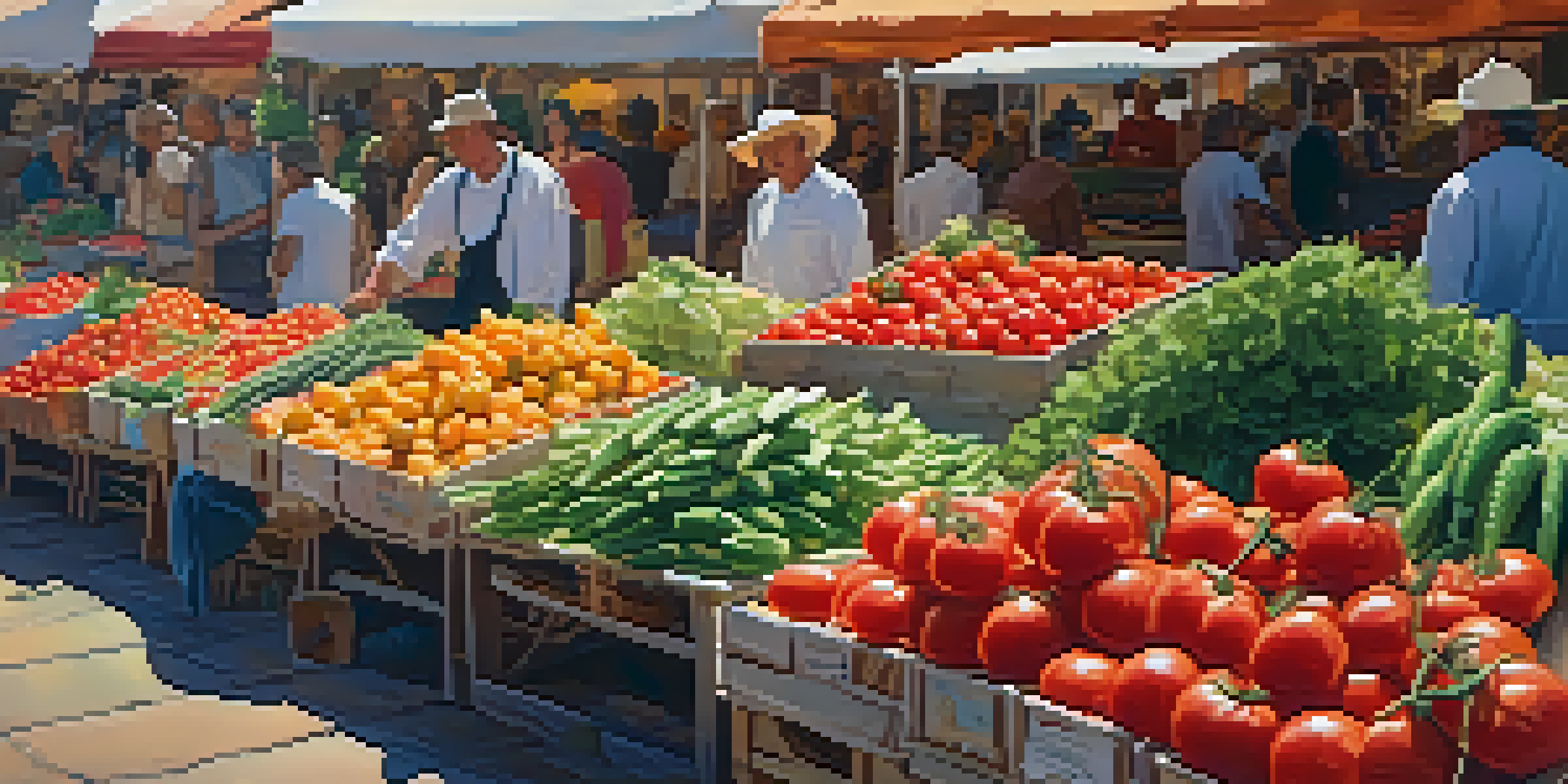 A colorful farmers' market filled with fresh vegetables and fruits under warm sunlight.