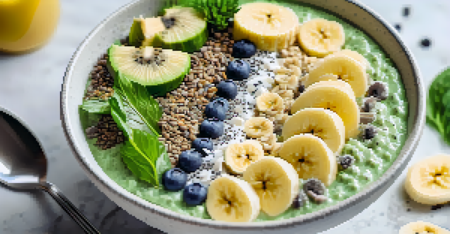 A smoothie bowl topped with sliced bananas, chia seeds, and coconut flakes, placed on a marble countertop with a fork and a small plant in the background.