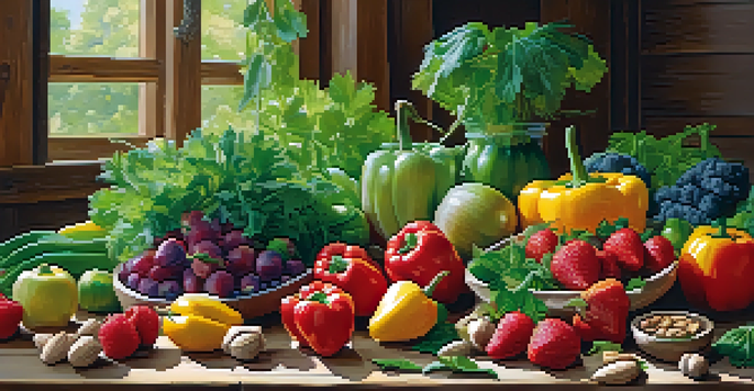A colorful arrangement of fresh fruits and vegetables on a wooden table, showcasing healthy raw food options.