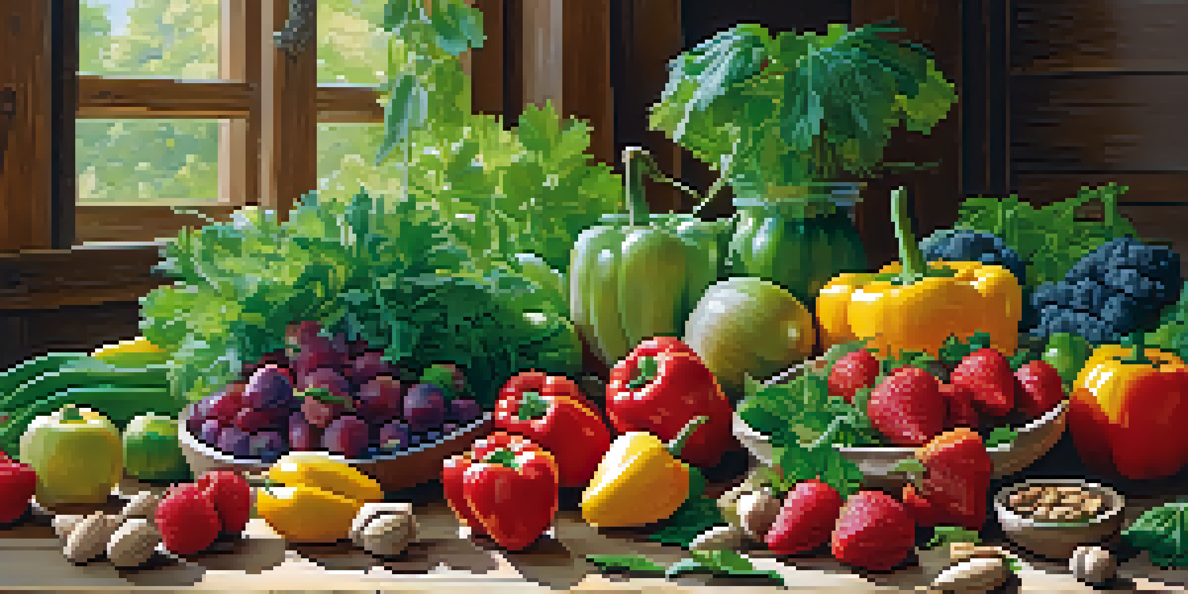 A colorful arrangement of fresh fruits and vegetables on a wooden table, showcasing healthy raw food options.