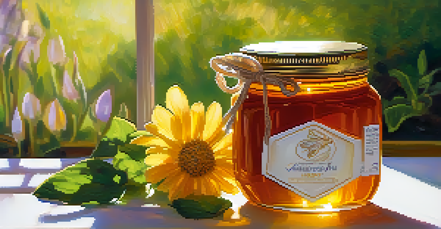 A jar of honey and a honey dipper surrounded by fresh flowers and green leaves, glistening in sunlight.