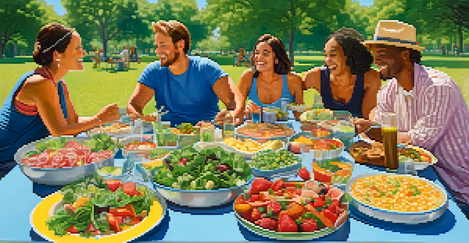 A lively outdoor potluck featuring a diverse group of people enjoying colorful raw food dishes under a bright blue sky.