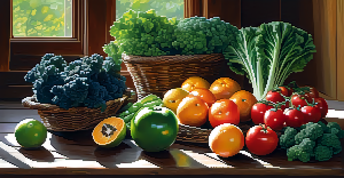 A colorful assortment of fresh fruits and vegetables displayed on a wooden table, illuminated by natural sunlight.