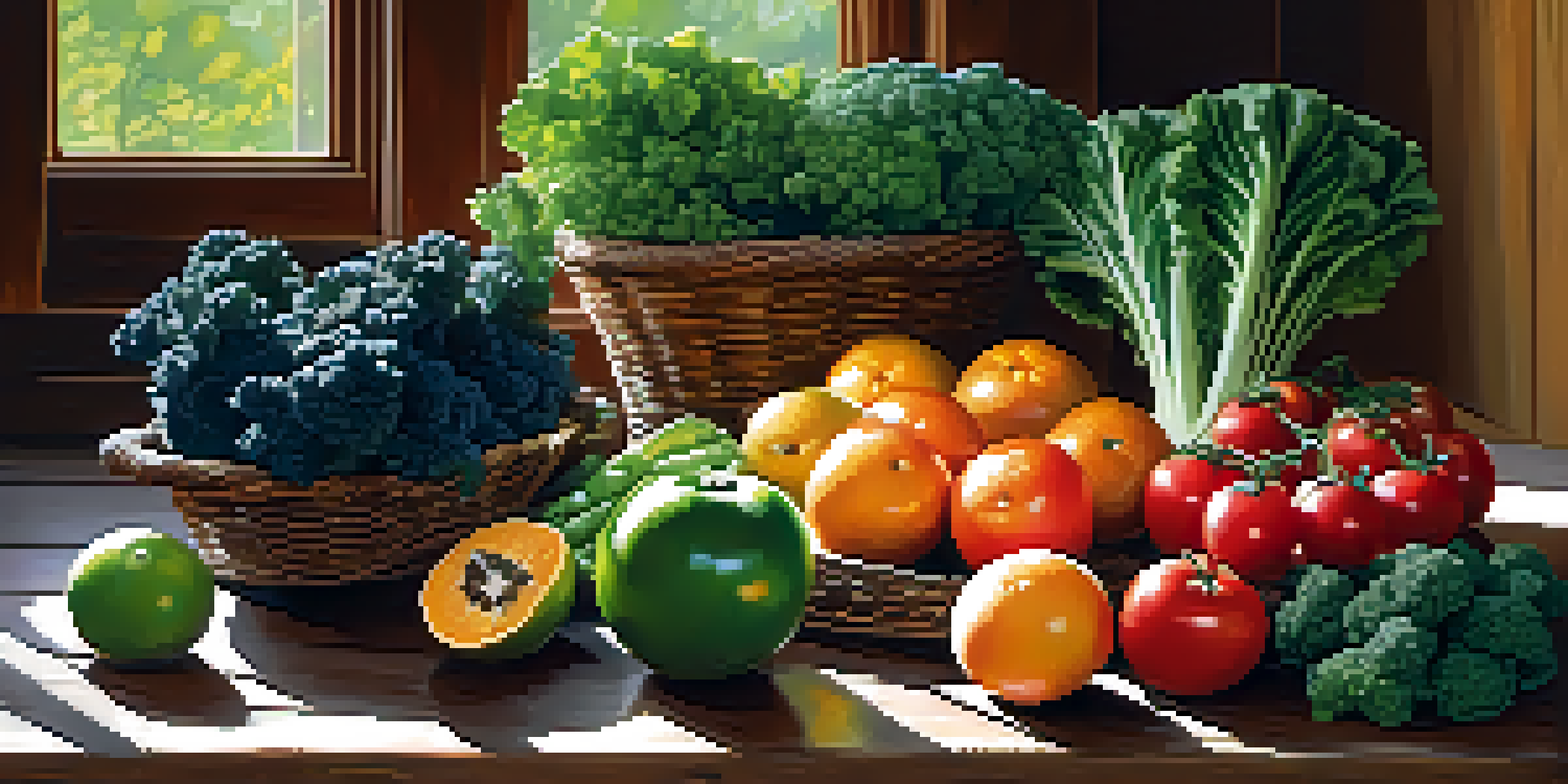 A colorful assortment of fresh fruits and vegetables displayed on a wooden table, illuminated by natural sunlight.