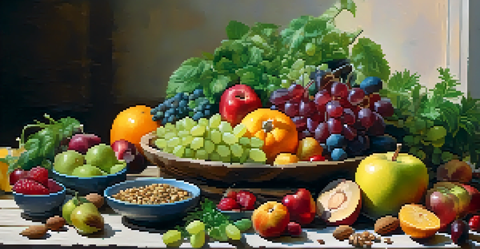 A colorful raw food platter with fruits, vegetables, nuts, and seeds on a wooden table, illuminated by natural light.