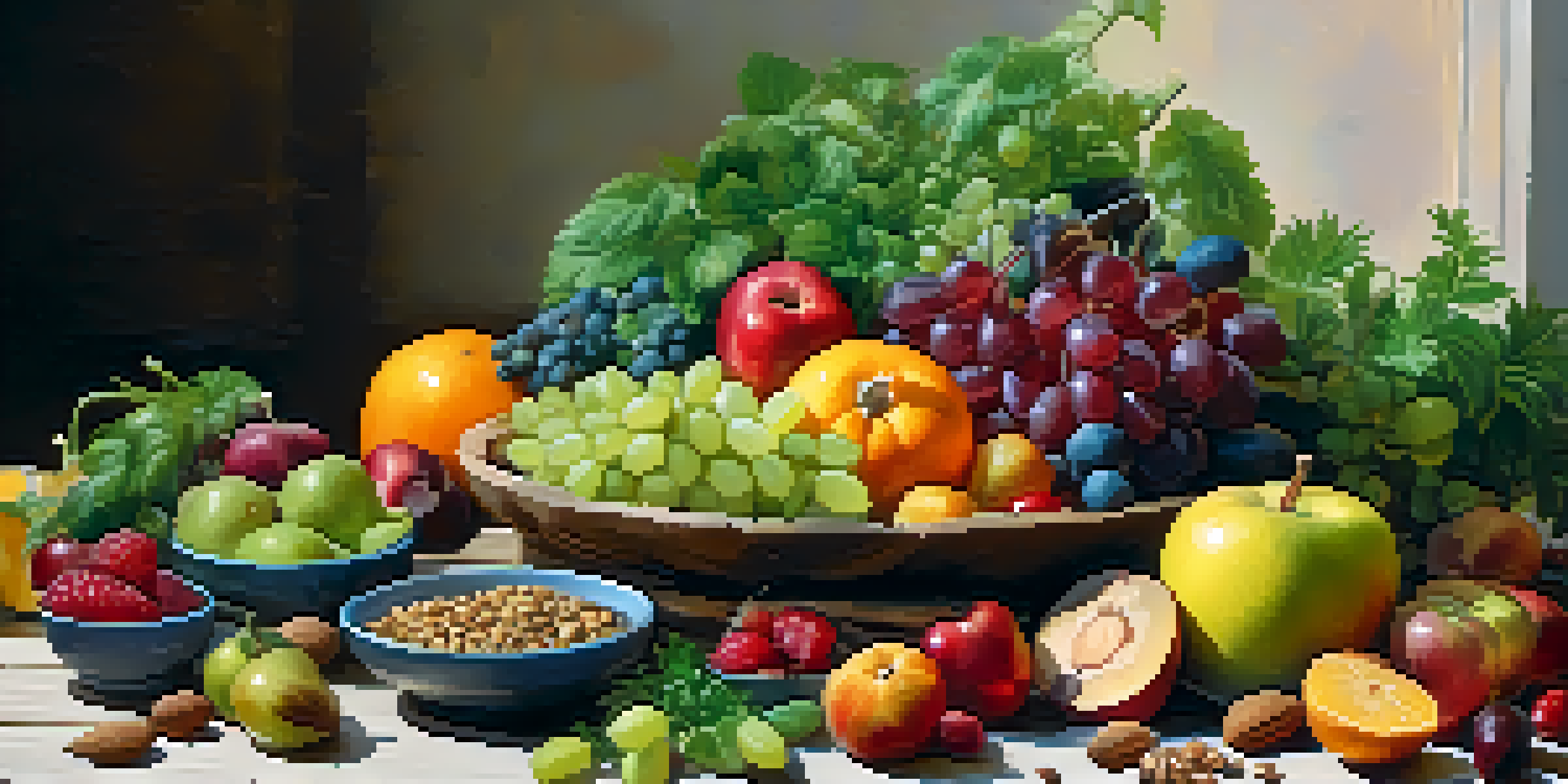 A colorful raw food platter with fruits, vegetables, nuts, and seeds on a wooden table, illuminated by natural light.