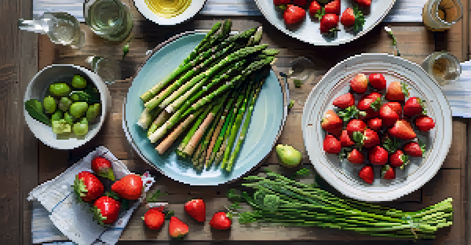 A flat lay arrangement of fresh seasonal foods, including strawberries and asparagus, displayed on a rustic wooden table with natural lighting.