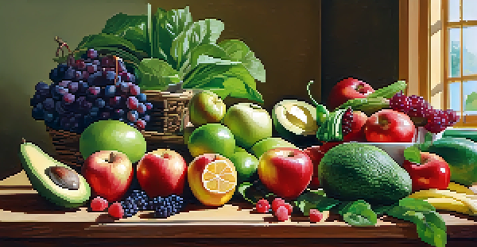A colorful arrangement of fresh fruits and vegetables on a wooden table with sunlight highlighting their textures.