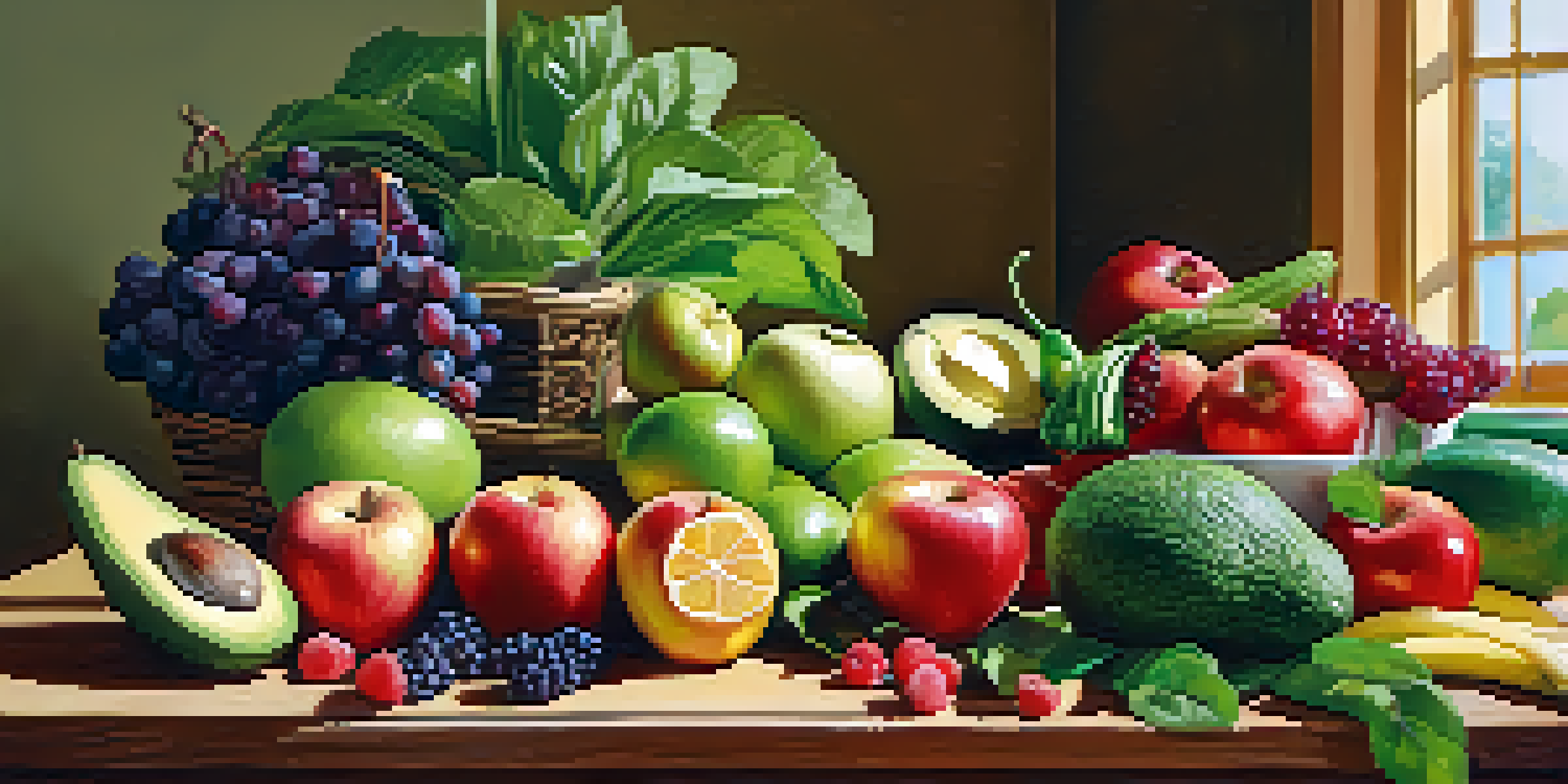 A colorful arrangement of fresh fruits and vegetables on a wooden table with sunlight highlighting their textures.