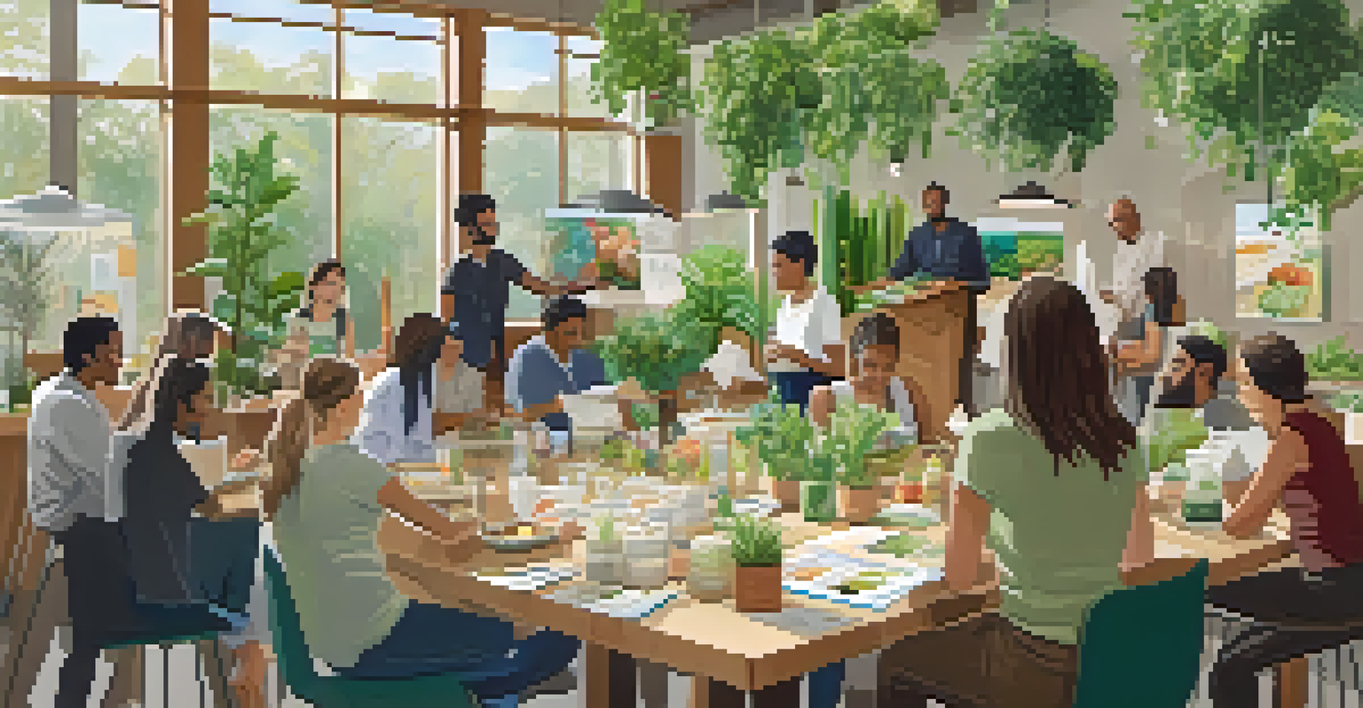 A group of people participating in a workshop about sustainable packaging, with materials and samples displayed around them, set in a bright and welcoming environment.