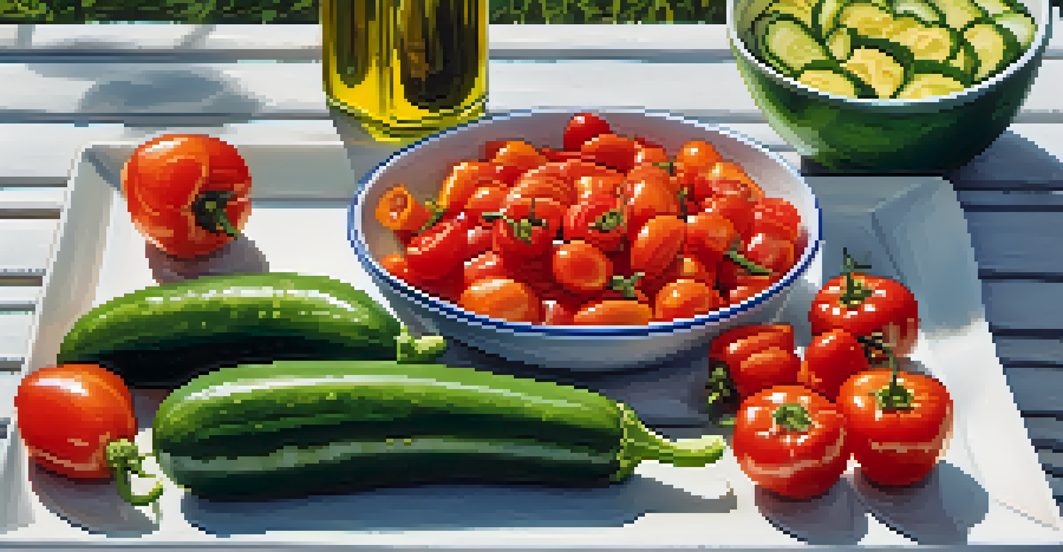 An artistic arrangement of summer vegetables on a platter, featuring cucumbers, tomatoes, and bell peppers, with olive oil and salt.