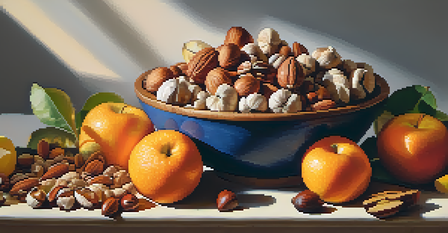 A wooden bowl filled with various nuts and seeds, surrounded by fresh fruits, with a softly blurred background.