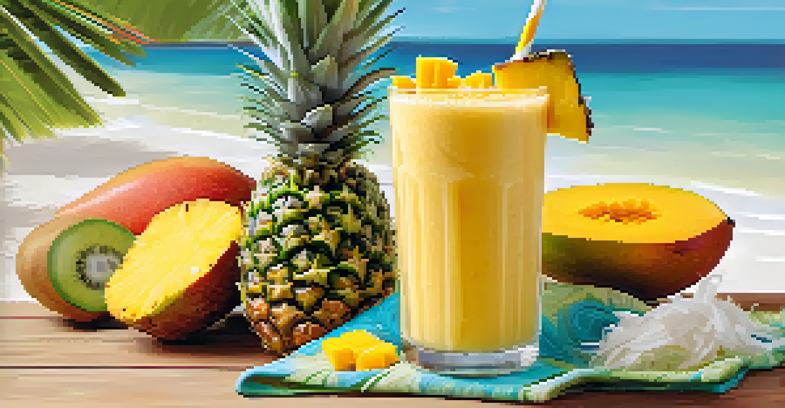 A tall glass of pineapple and mango smoothie garnished with a pineapple slice and shredded coconut, with a beach-themed background.