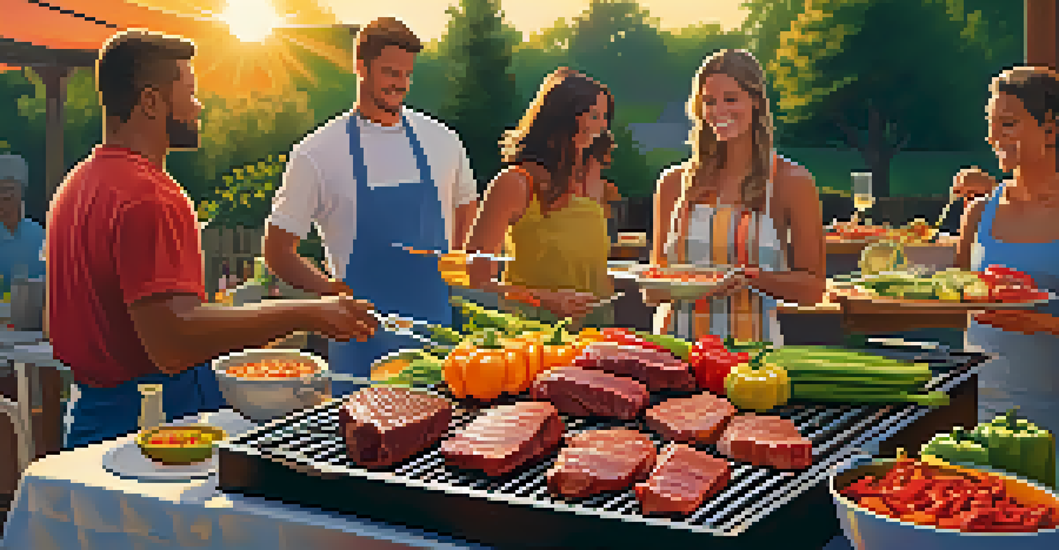 An outdoor grilling scene with marinated meats and colorful vegetables on the grill, set against a sunset backdrop with people enjoying the barbecue.