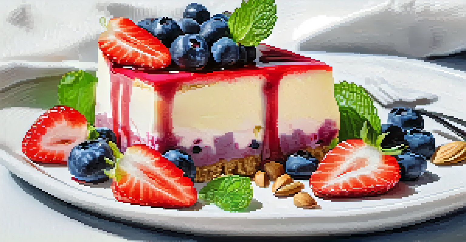 A close-up of a raw vegan cheesecake topped with fresh fruits and raspberry sauce, elegantly arranged on a white plate.