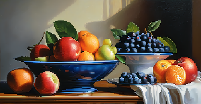 A colorful arrangement of raw fruits such as oranges, blueberries, strawberries, and apples on a wooden table, illuminated by soft natural light.
