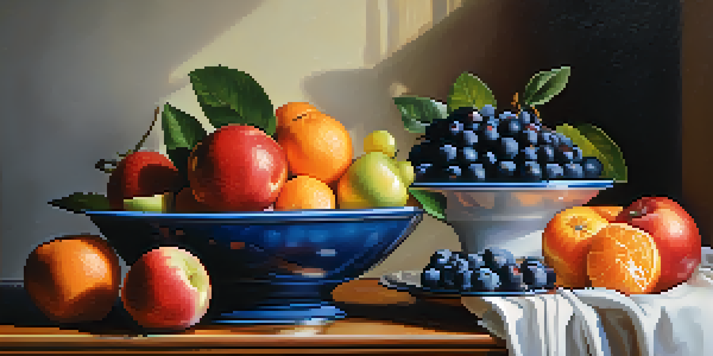 A colorful arrangement of raw fruits such as oranges, blueberries, strawberries, and apples on a wooden table, illuminated by soft natural light.