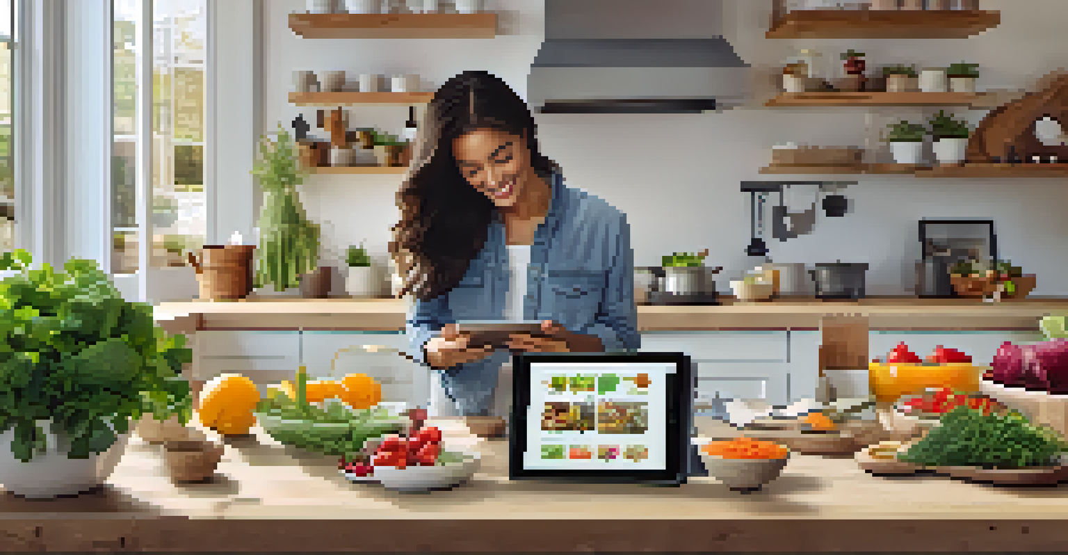 A person in a bright kitchen using a tablet to plan a raw food meal, with the app displaying colorful recipes and fresh produce in the background.
