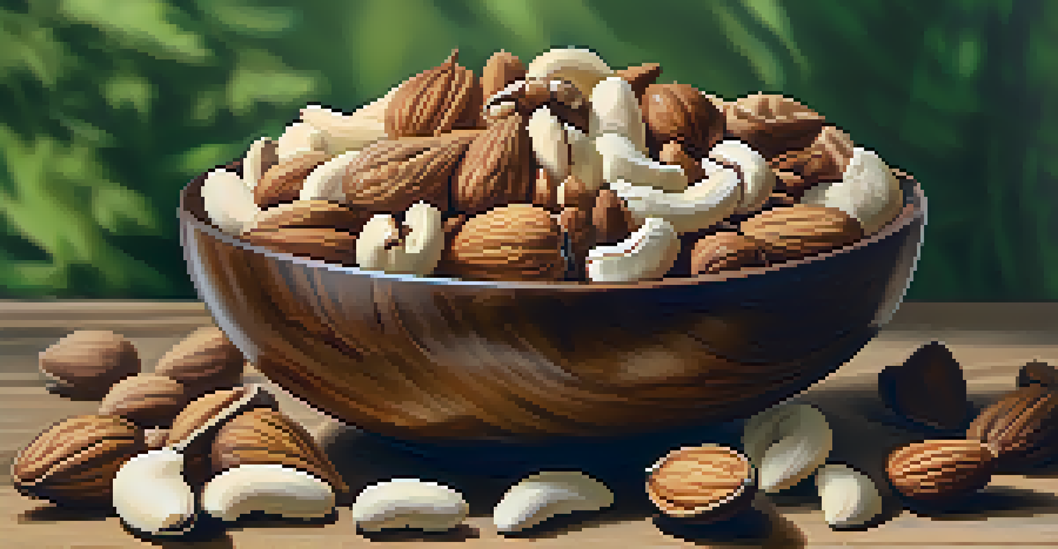 A close-up of a wooden bowl filled with mixed raw nuts on a natural background.