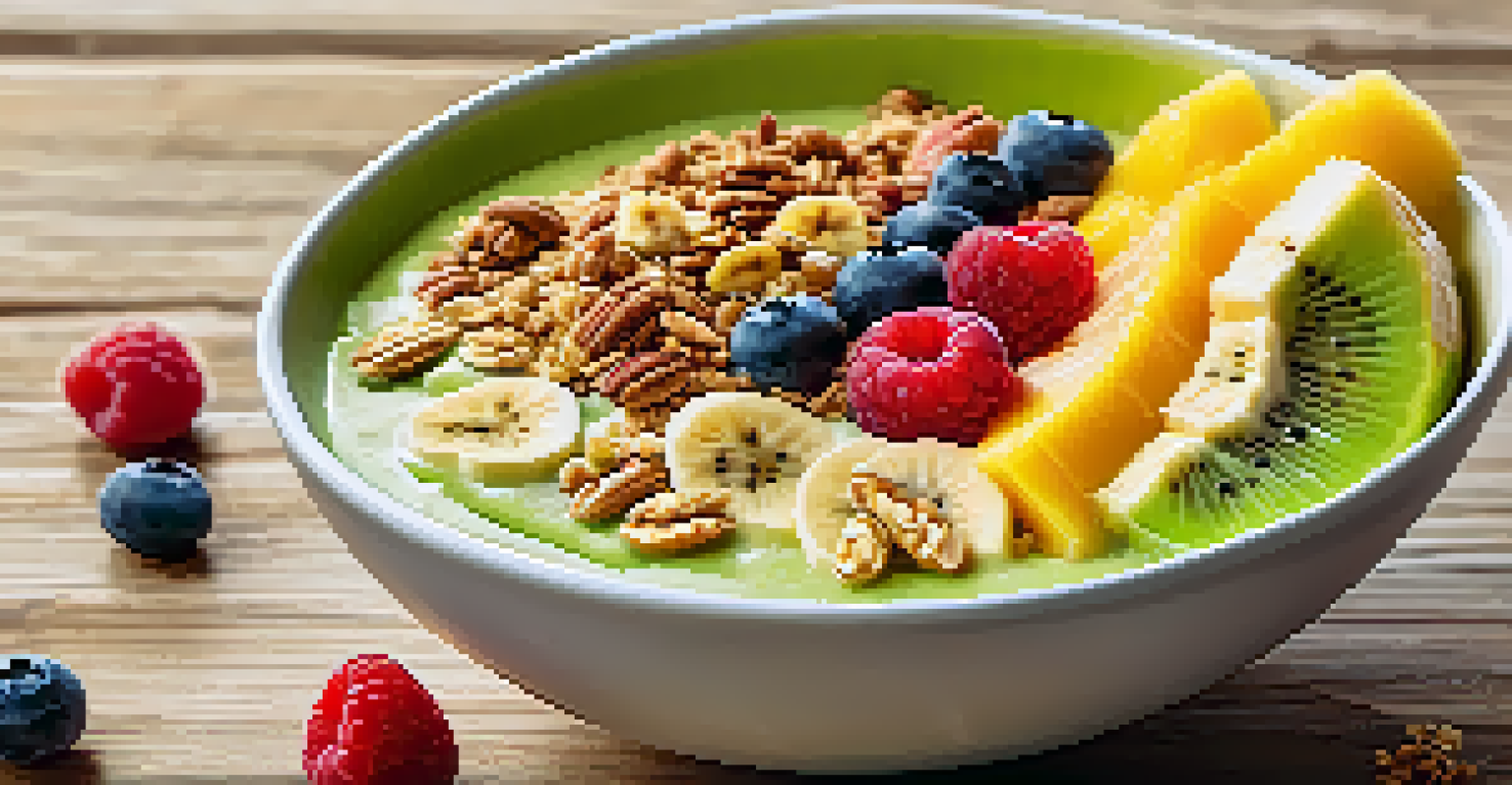 A smoothie bowl topped with assorted fruits and granola, placed on a wooden table with a spoon beside it.