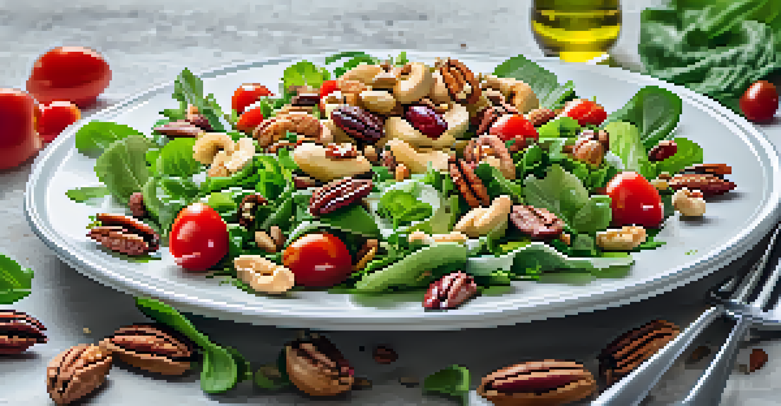 An overhead view of a colorful salad topped with nuts, set on a white plate, showcasing fresh ingredients and bright colors.
