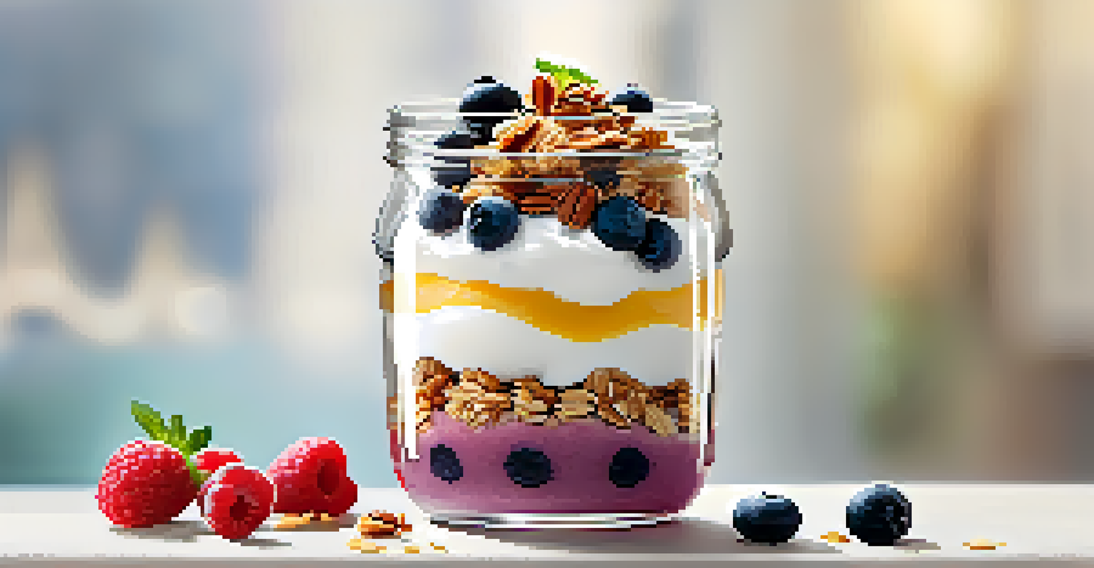 A layered yogurt parfait in a clear jar with Greek yogurt, fresh berries, granola, and honey, beautifully presented with a mint garnish.