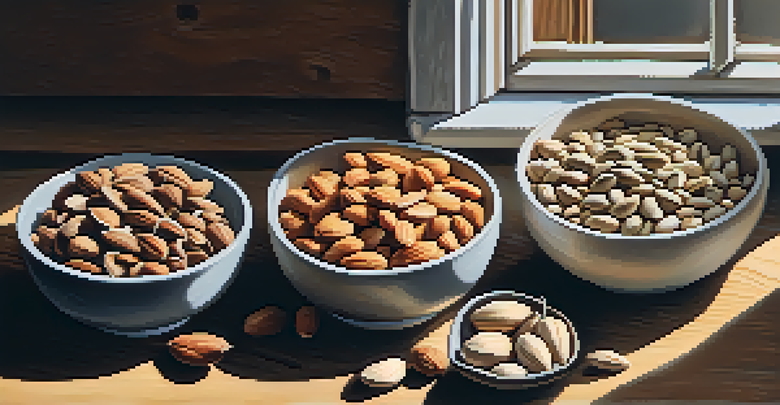 An array of raw nuts and seeds in glass bowls on a wooden surface.