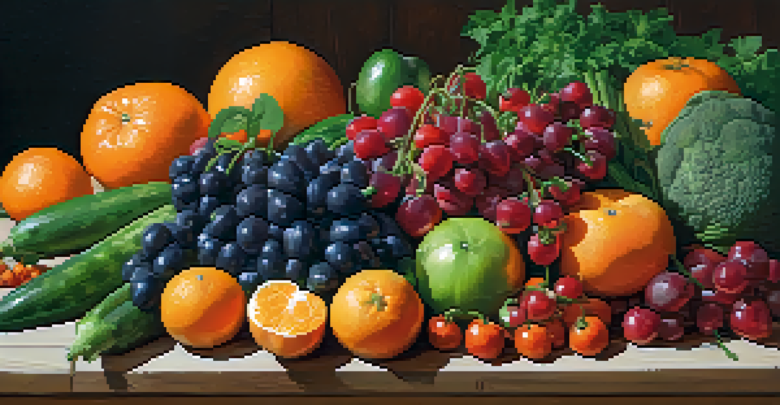 A colorful array of fresh fruits and vegetables on a wooden table at a farmer's market.