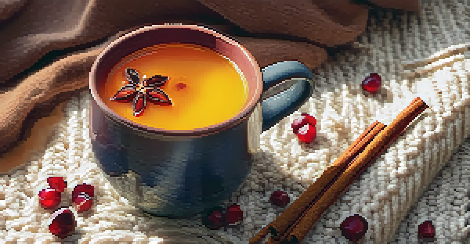A mug of winter juice made with orange juice, pomegranate seeds, and turmeric, garnished with a cinnamon stick, resting on a knitted blanket.
