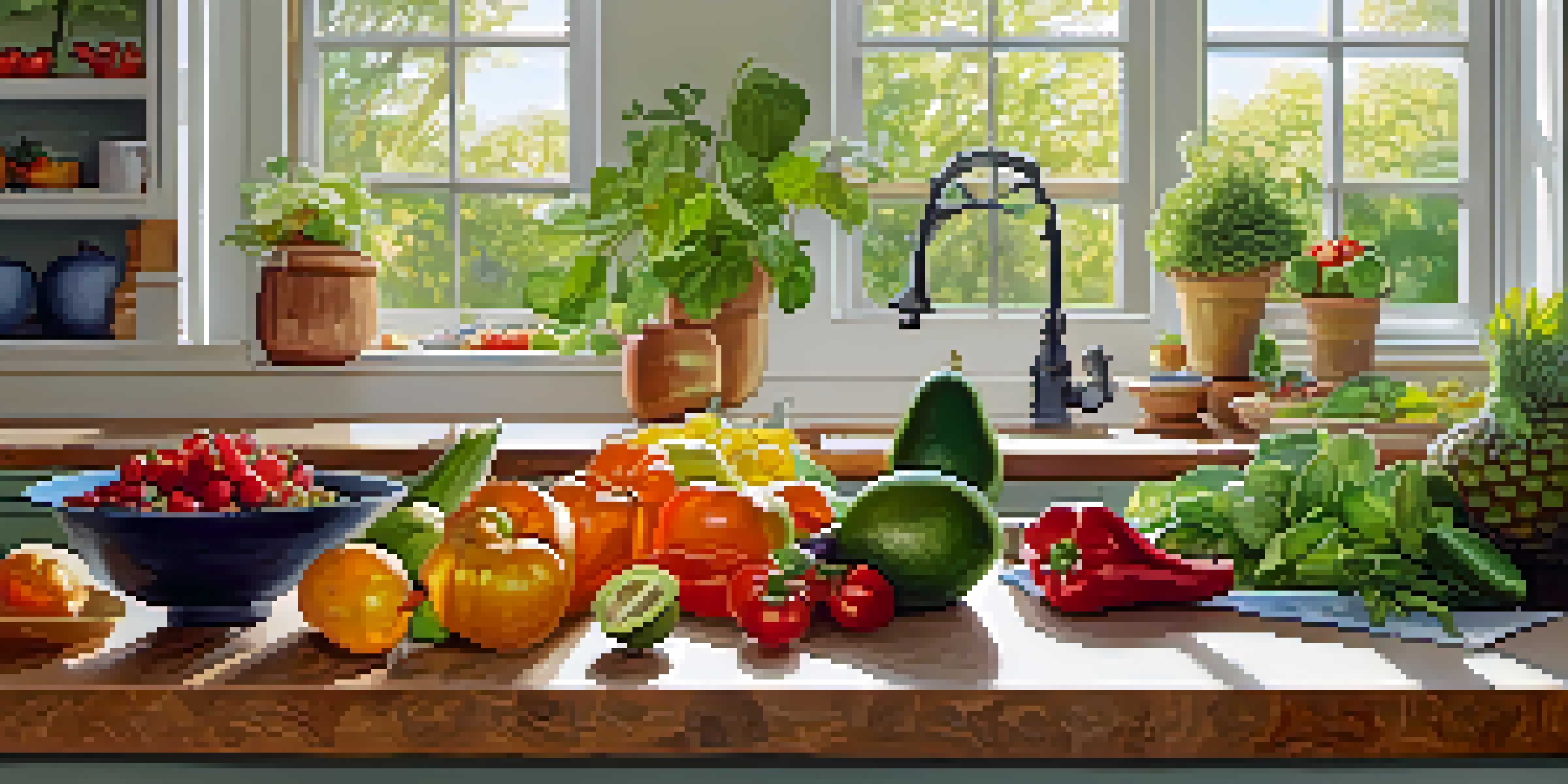 A bright kitchen with a variety of fresh raw fruits and vegetables displayed on a countertop.