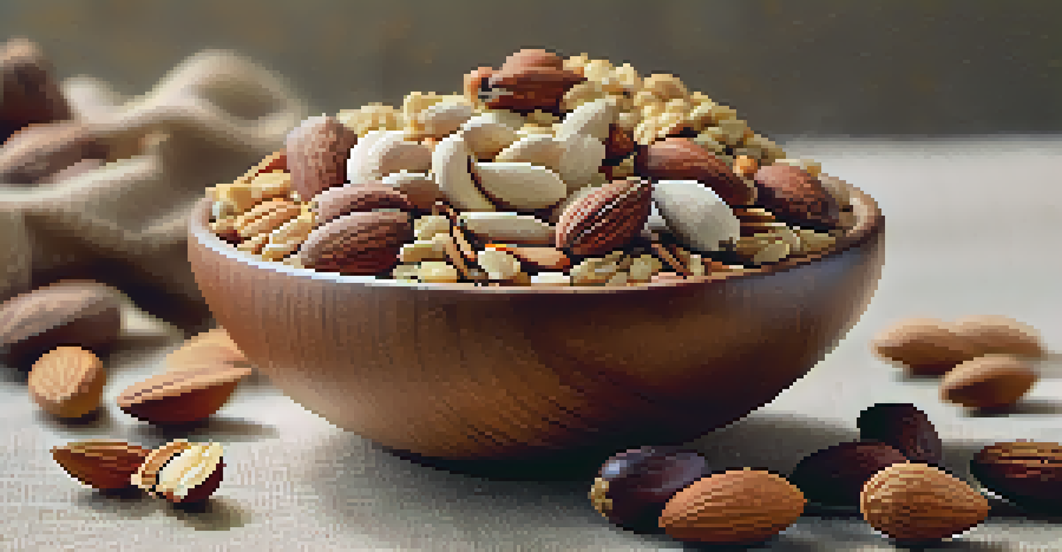 A wooden bowl filled with assorted raw nuts and seeds, including almonds, walnuts, and chia seeds, set on a linen cloth.
