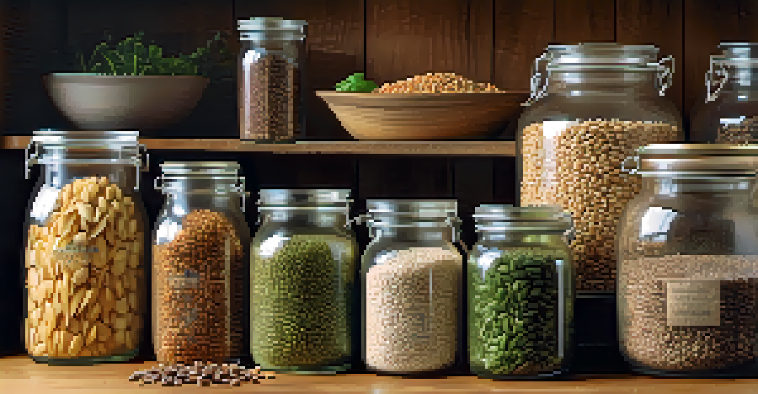 Glass jars filled with sprouted seeds and grains on a rustic shelf, with vegetables in the background.
