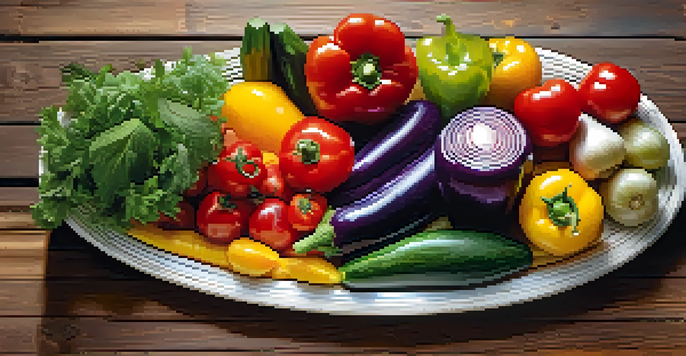 A colorful assortment of fresh raw fruits and vegetables on a wooden table, illuminated by natural light.