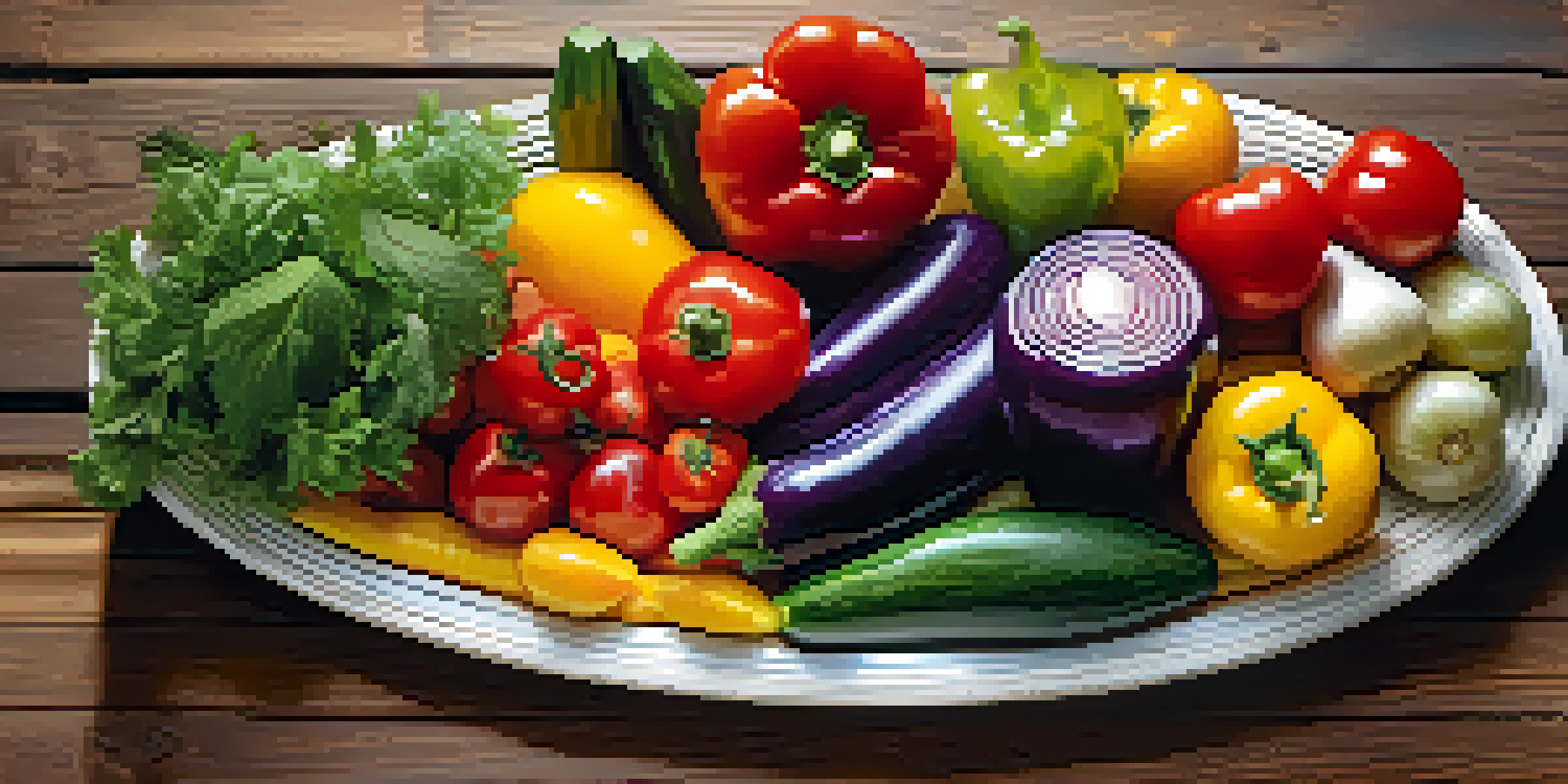 A colorful assortment of fresh raw fruits and vegetables on a wooden table, illuminated by natural light.
