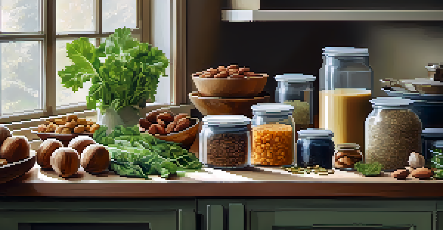 A kitchen counter with various raw food ingredients, illuminated by soft natural light, alongside an open cookbook.
