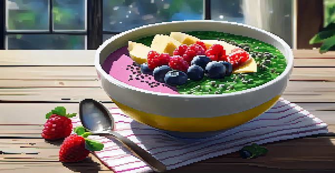 A colorful smoothie bowl with spinach, banana, chia seeds, and berries, set on a wooden table with natural light.