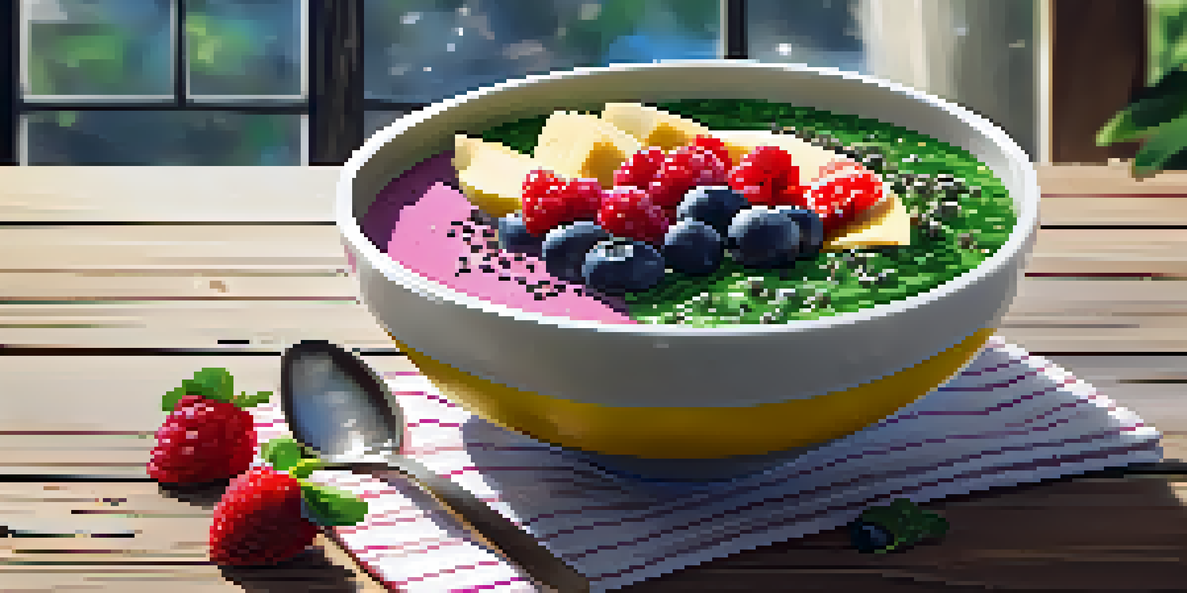 A colorful smoothie bowl with spinach, banana, chia seeds, and berries, set on a wooden table with natural light.