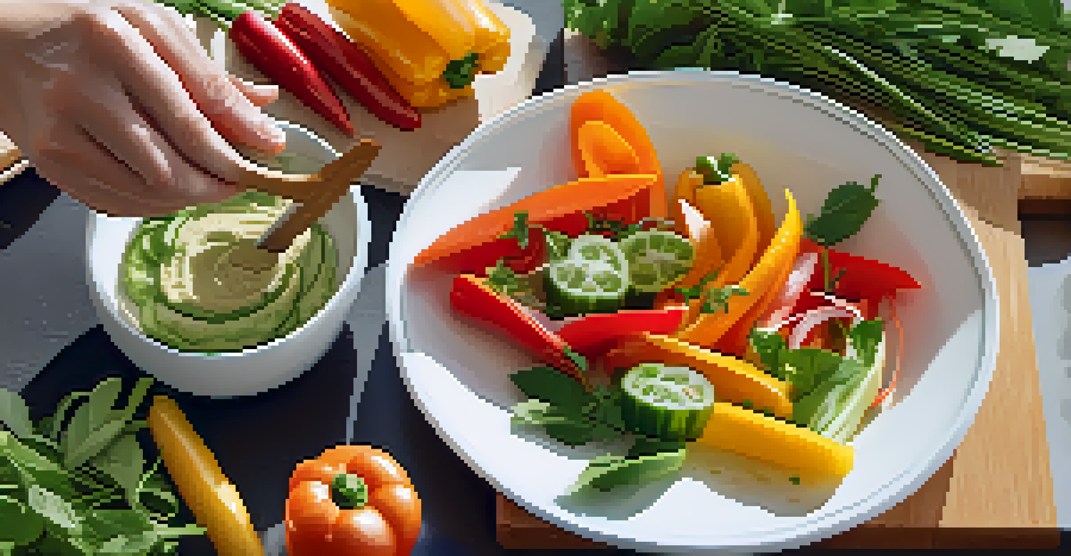 Close-up of hands preparing raw vegetables with a bowl of hummus in the background, showcasing healthy food preparation.
