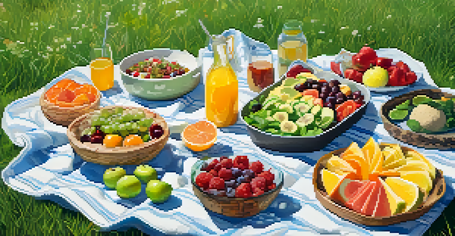 A picnic spread featuring fresh raw food dishes on a blanket in a grassy outdoor setting.