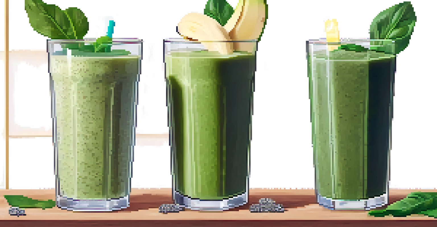 A green smoothie made of bananas and spinach in a clear glass, topped with chia seeds, on a wooden table with fresh bananas.