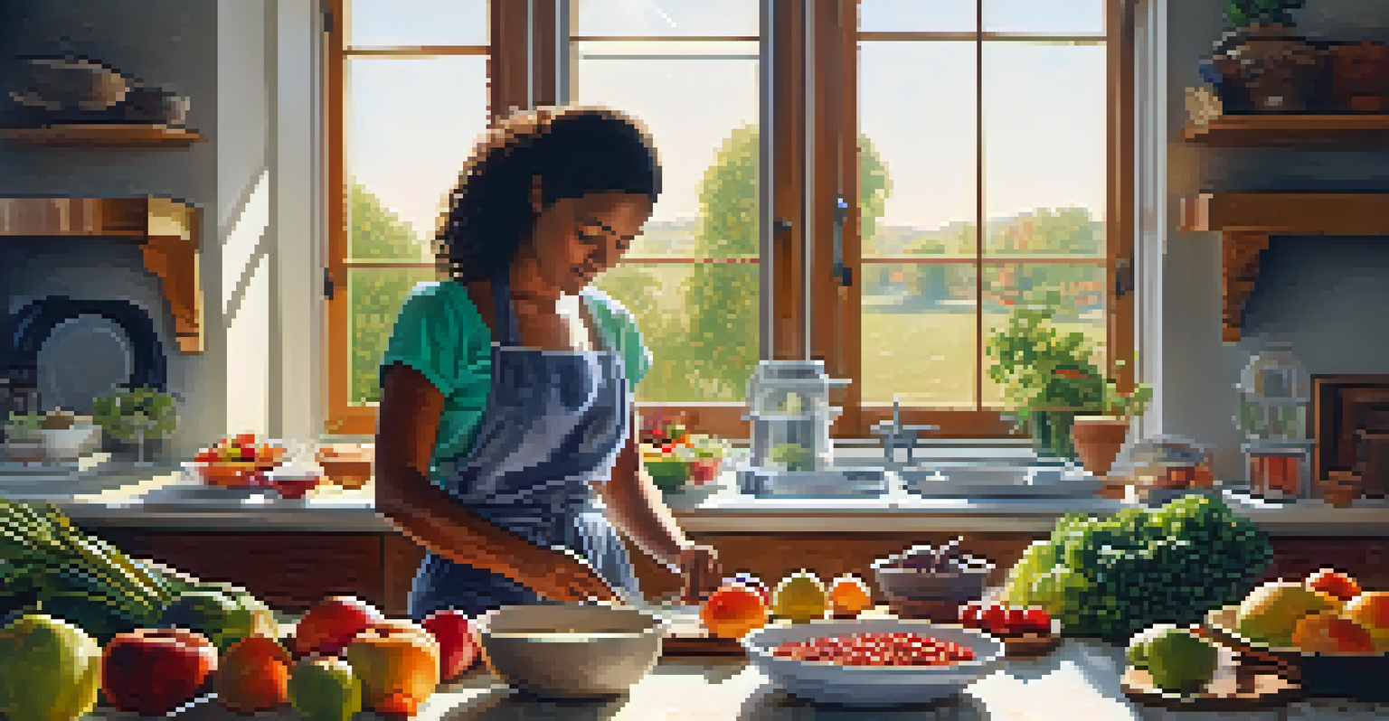 A person preparing a raw food dish in a bright kitchen, surrounded by fresh fruits, vegetables, and nuts, with sunlight illuminating the space.